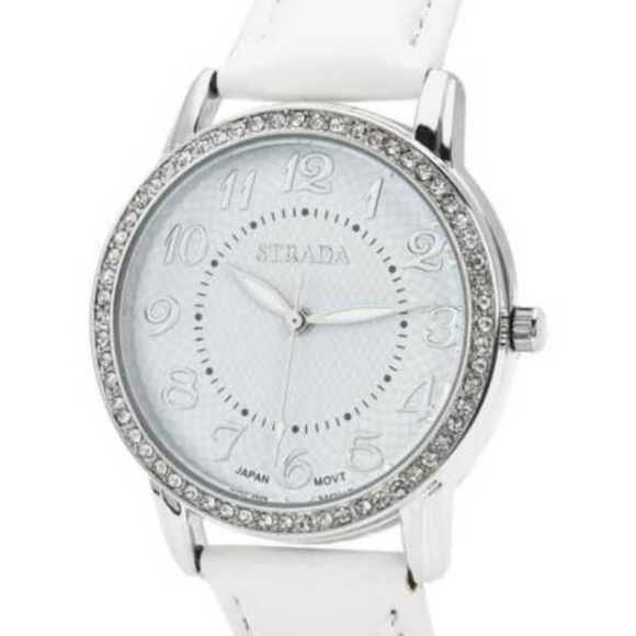 Strada Austrian Crystal Japanese Movement White Faux Leather Watch - Picture 2 of 8